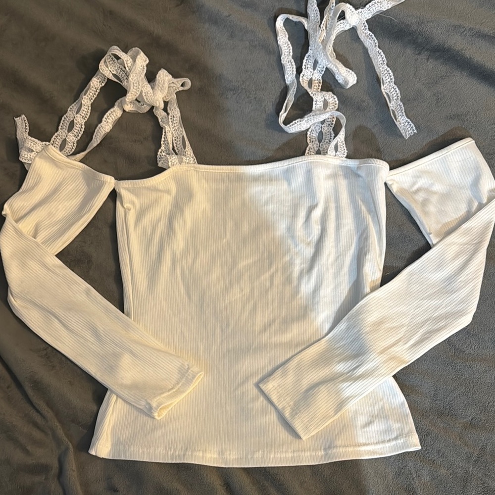 White Long Sleeve Cut Out Tie Front Blouse